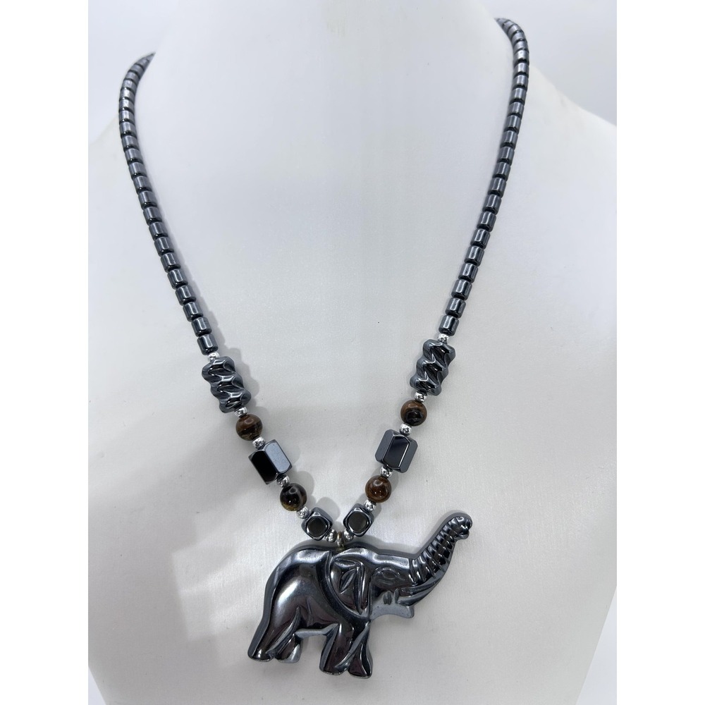 Vintage Hematite Tiger's Eye Elephant Pendant Necklace 18" Natural Gemstone